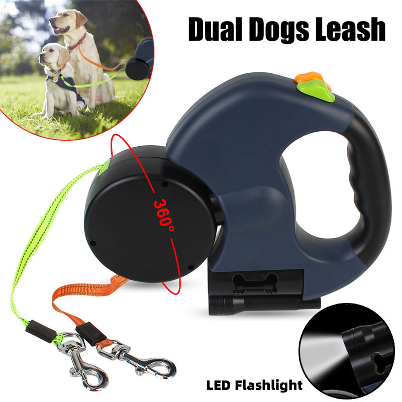 Dual Retractable Dog Leash with Light – 360° Anti-Tangle Walking Lead for 2 Dogs